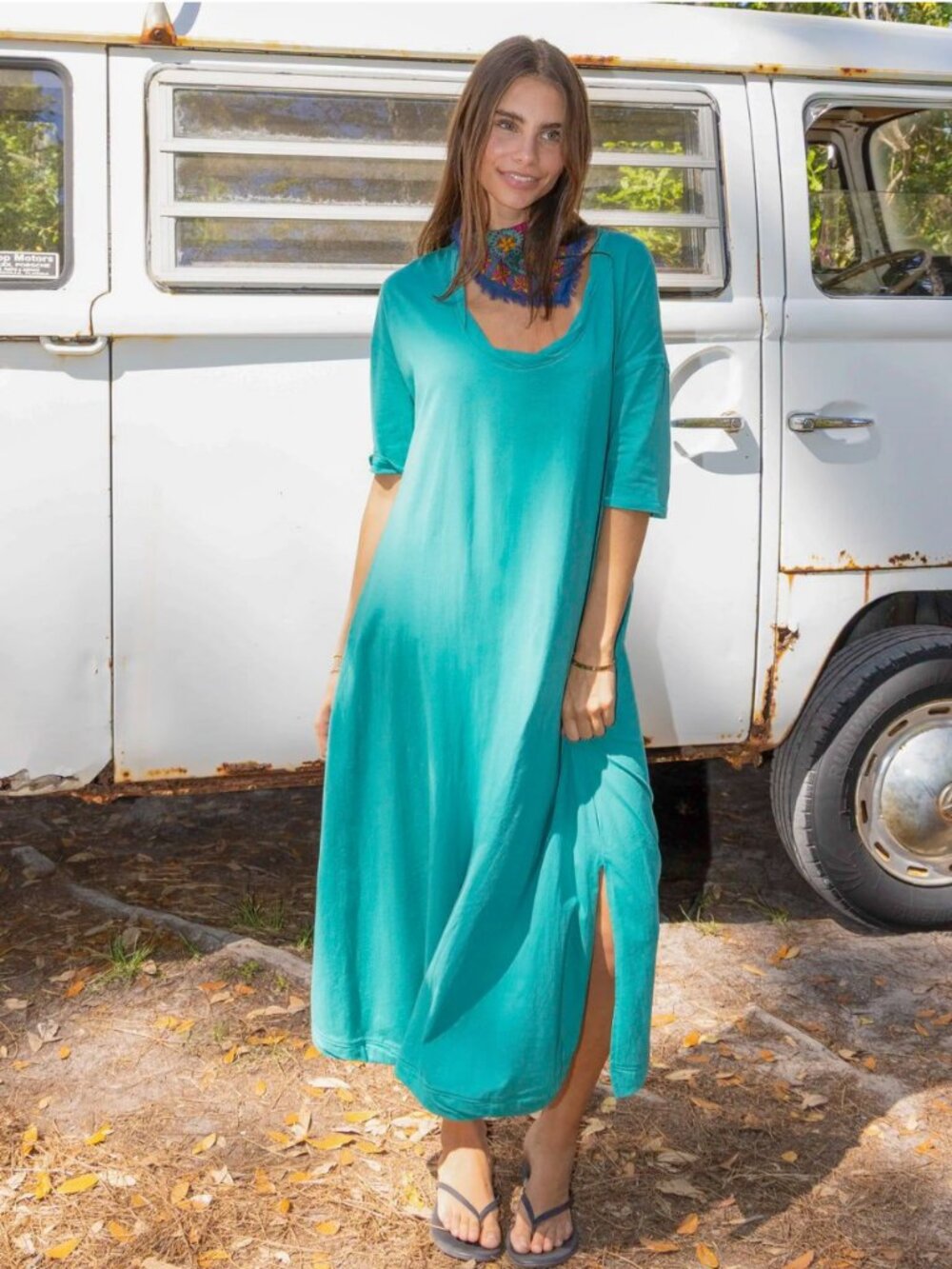 Natural Life Teal Green All Day Tee Scoop Relaxed Neck Cotton Midi Dress